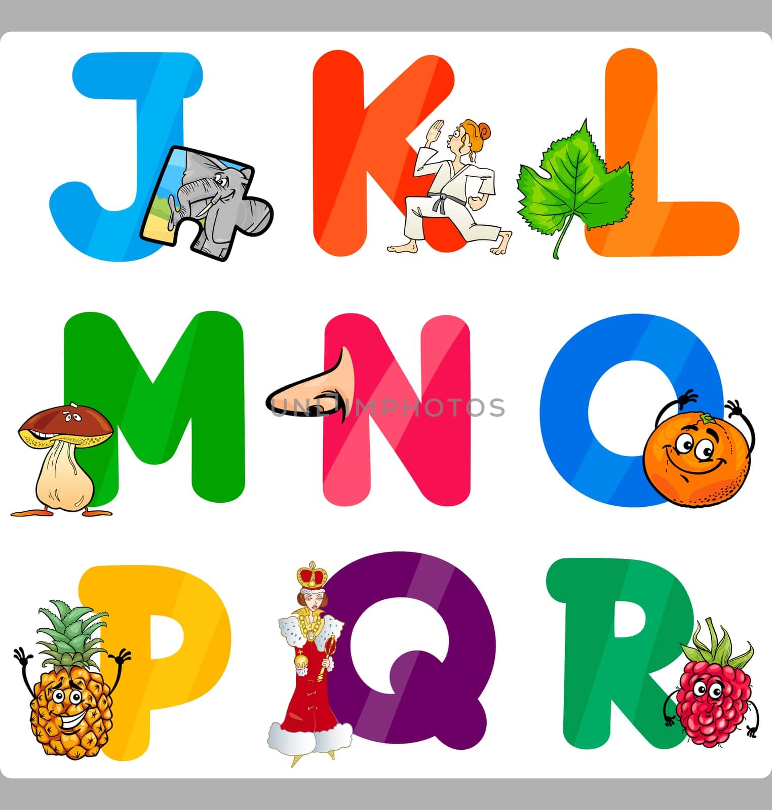 Cartoon Illustration of Funny Capital Letters Alphabet with Objects for Language and Vocabulary Education for Children from J to R