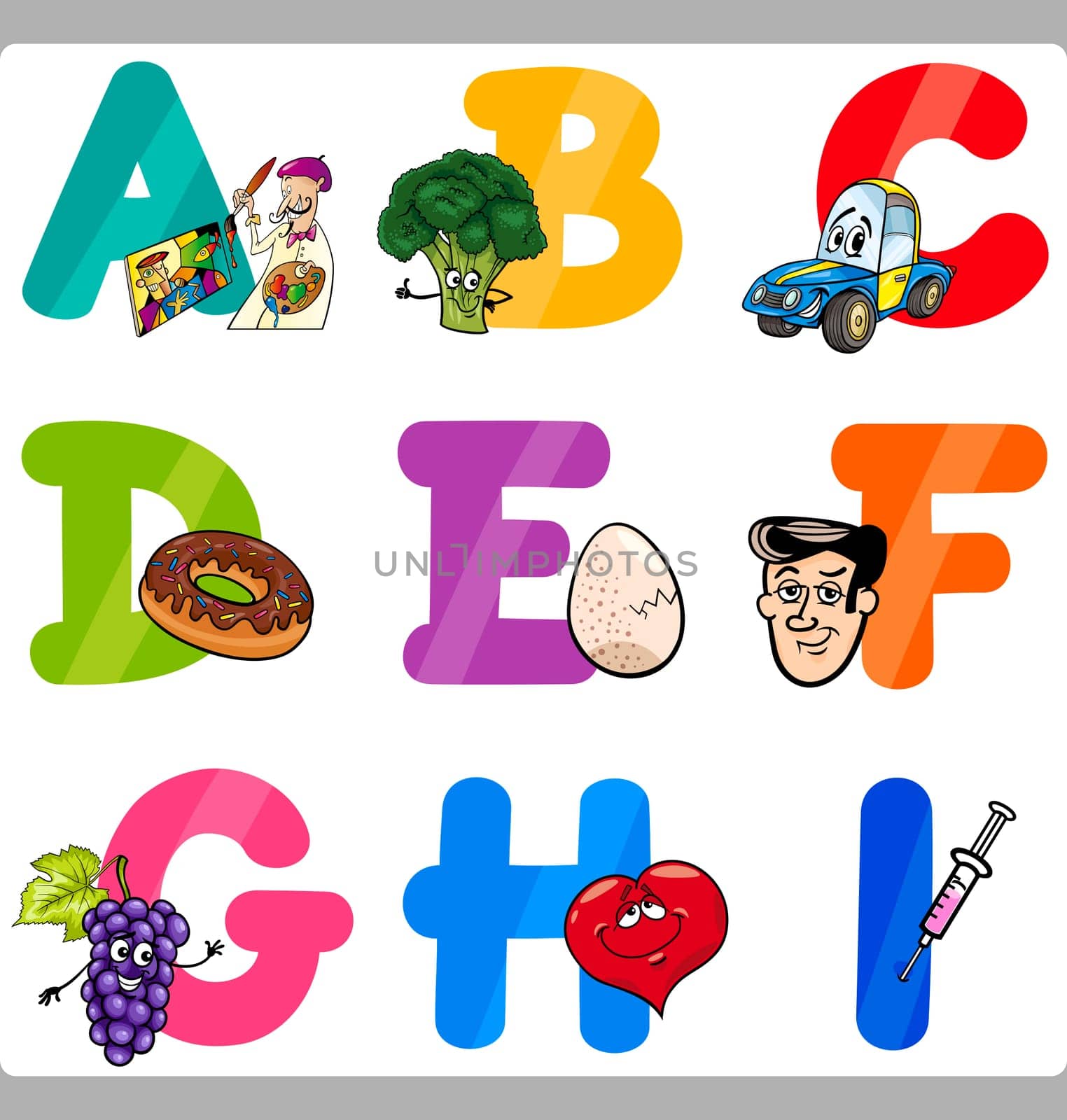 Cartoon Illustration of Funny Capital Letters Alphabet with Objects for Language and Vocabulary Education for Children from A to I