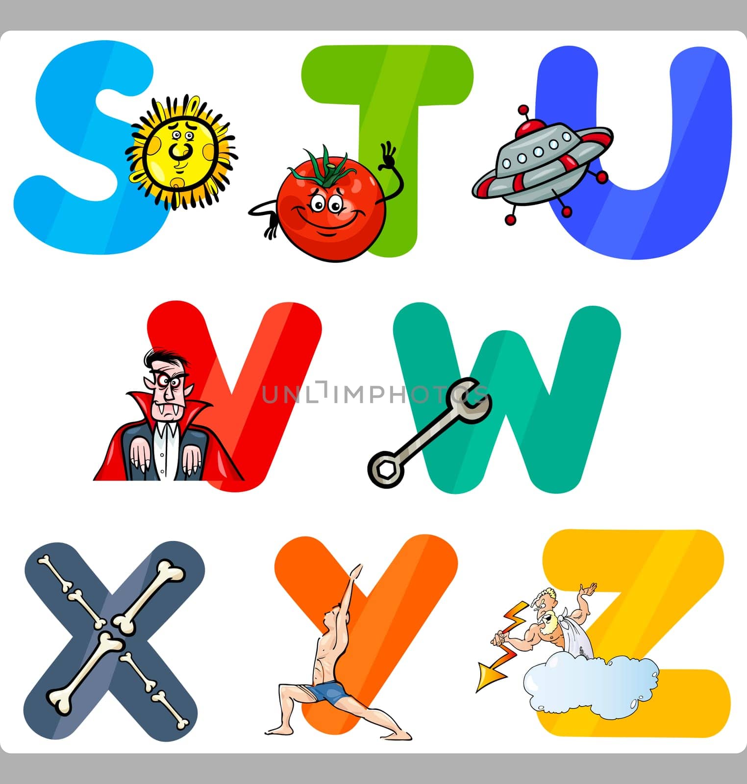 Cartoon Illustration of Funny Capital Letters Alphabet with Objects for Language and Vocabulary Education for Children from S to Z