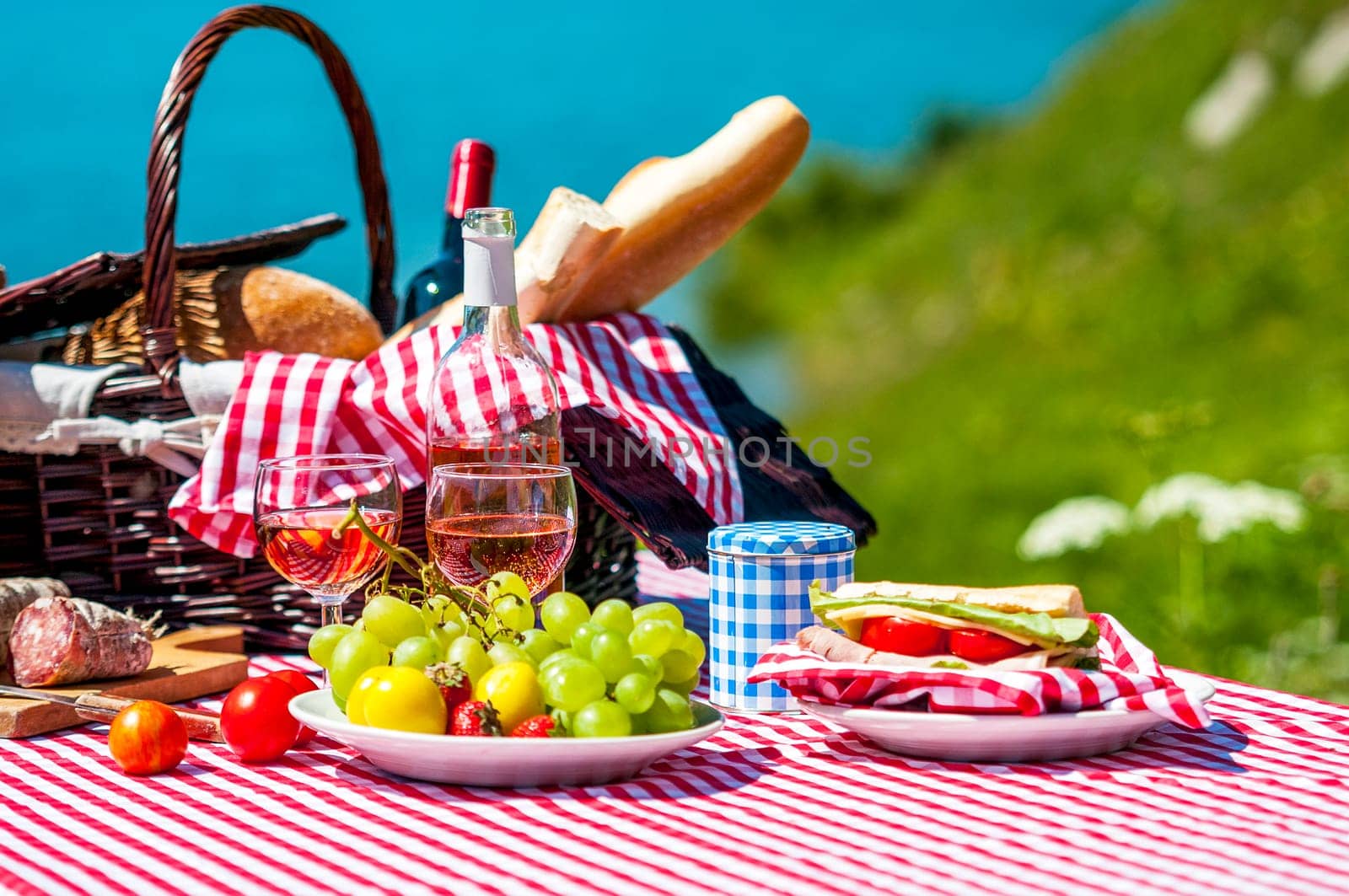 tasted picnic on the grass near a lake
