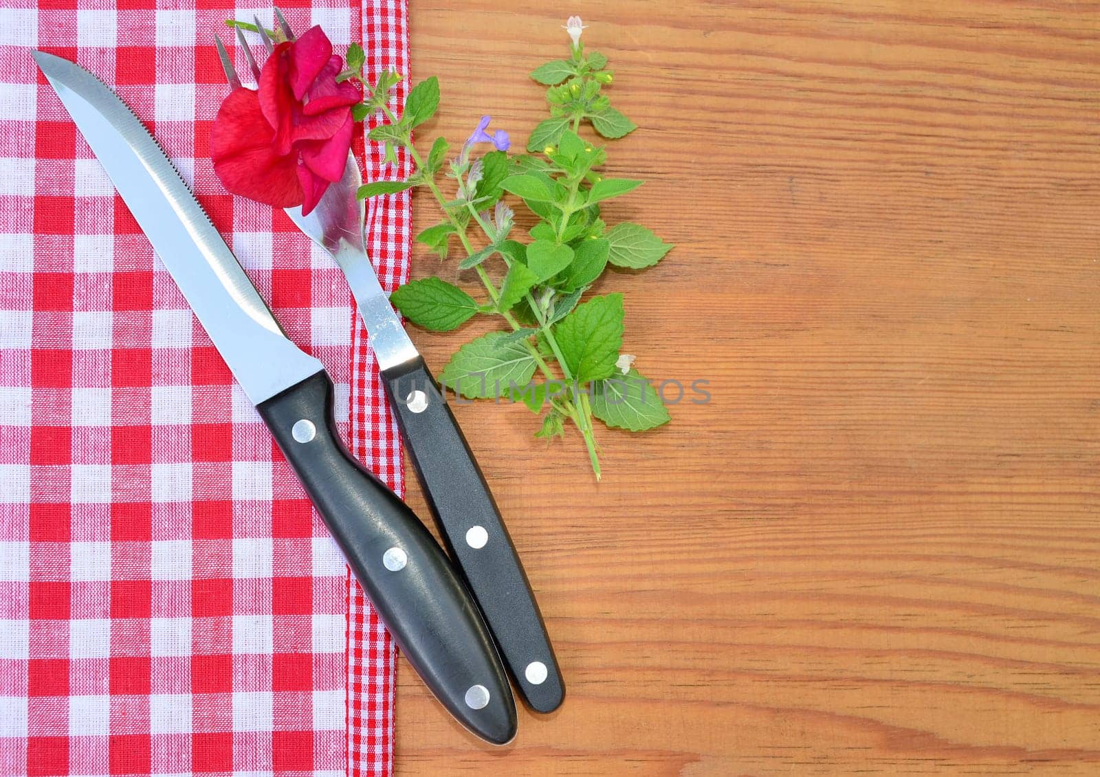 Cutlery red checkered background rustic