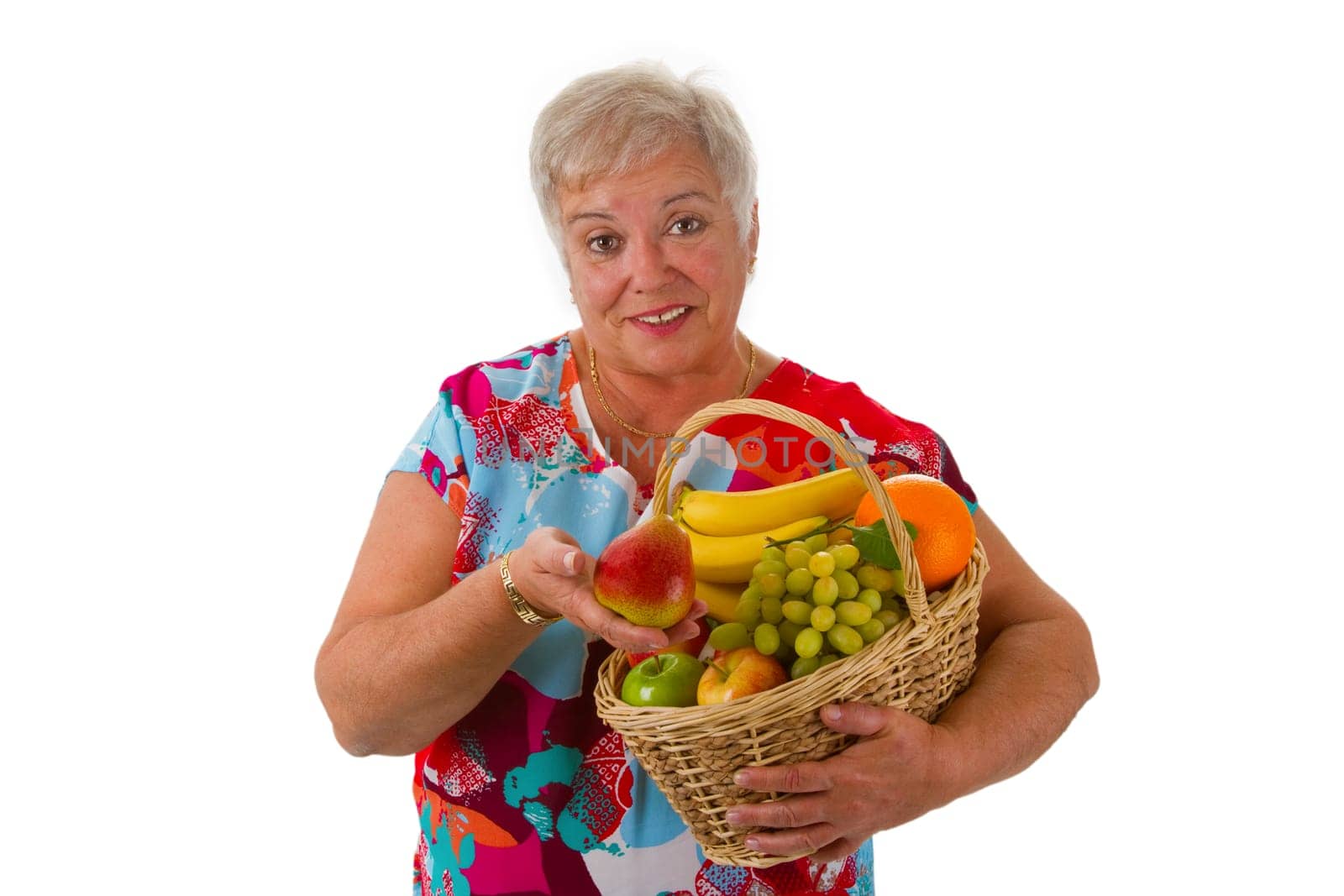 Senior citizen with fresh fruit - cropped on white background