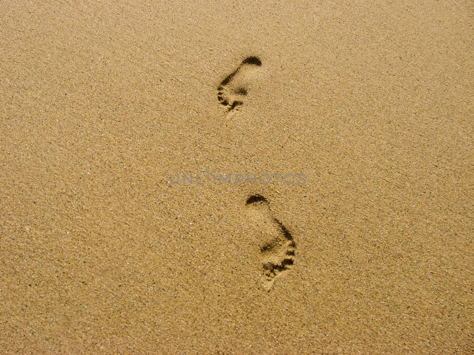 Traces of feet in the sand of a beach.