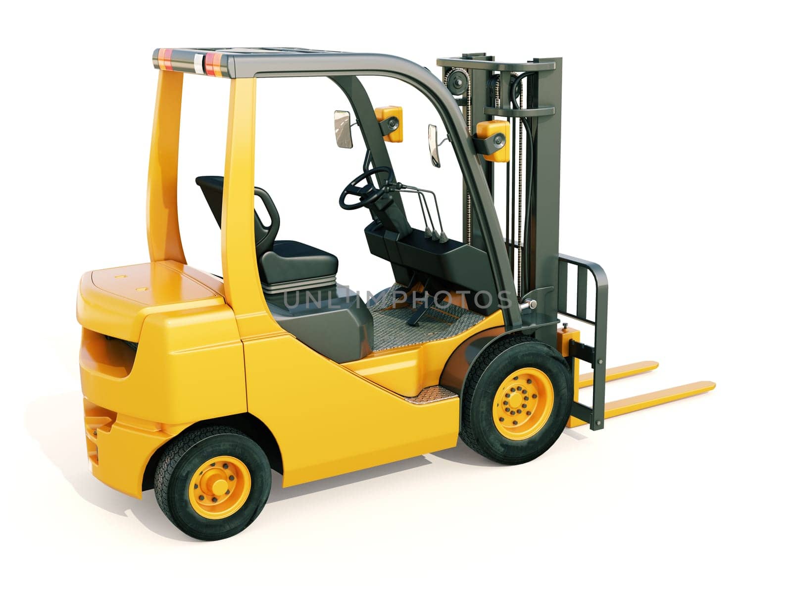 Modern forklift truck on light background