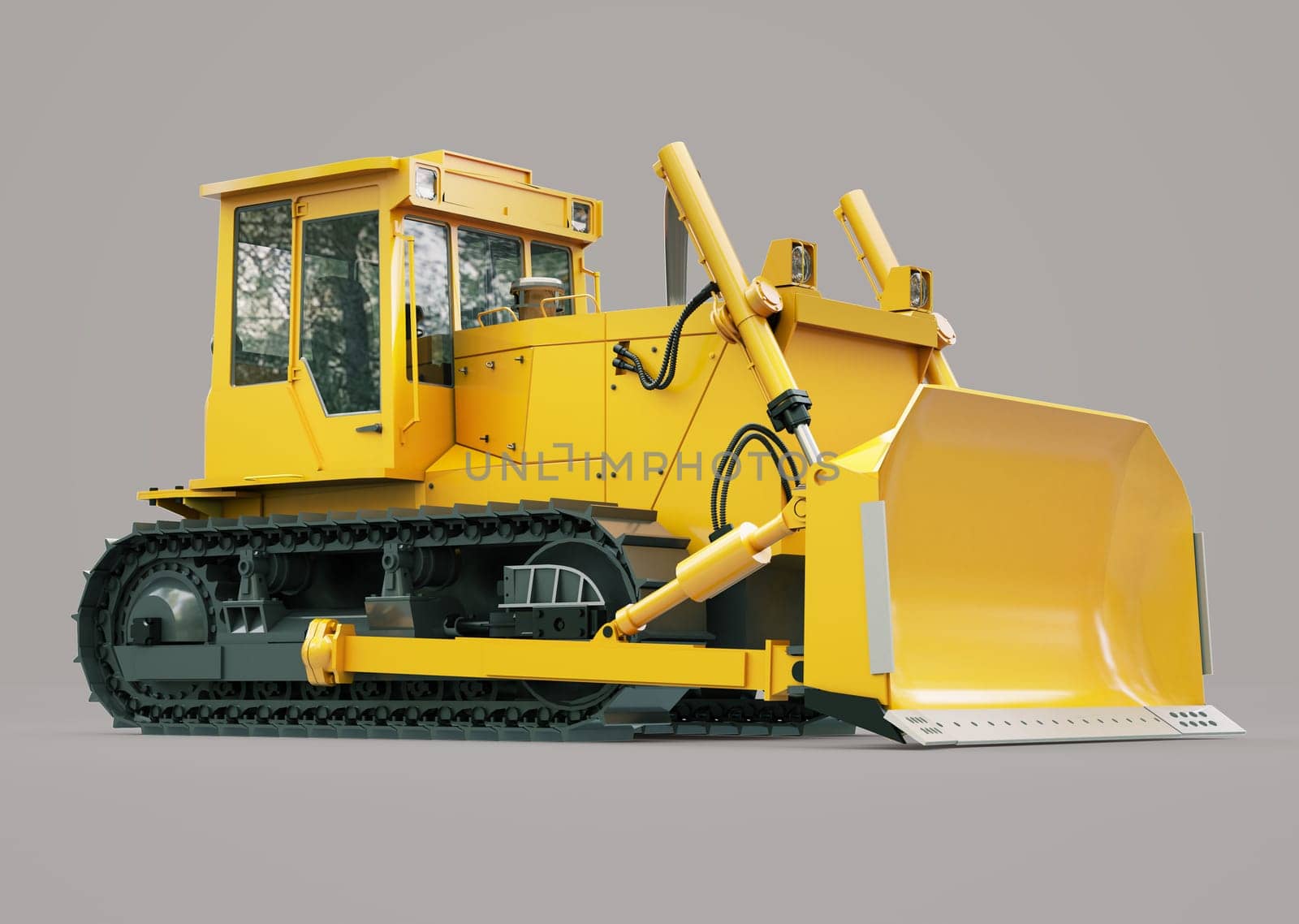 Heavy crawler bulldozer on a gray background