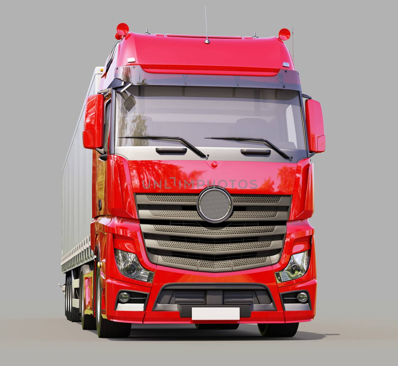 A modern semi-trailer truck on gray background