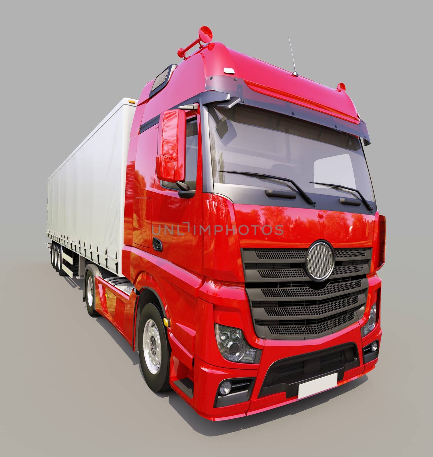 A modern semi-trailer truck on gray background