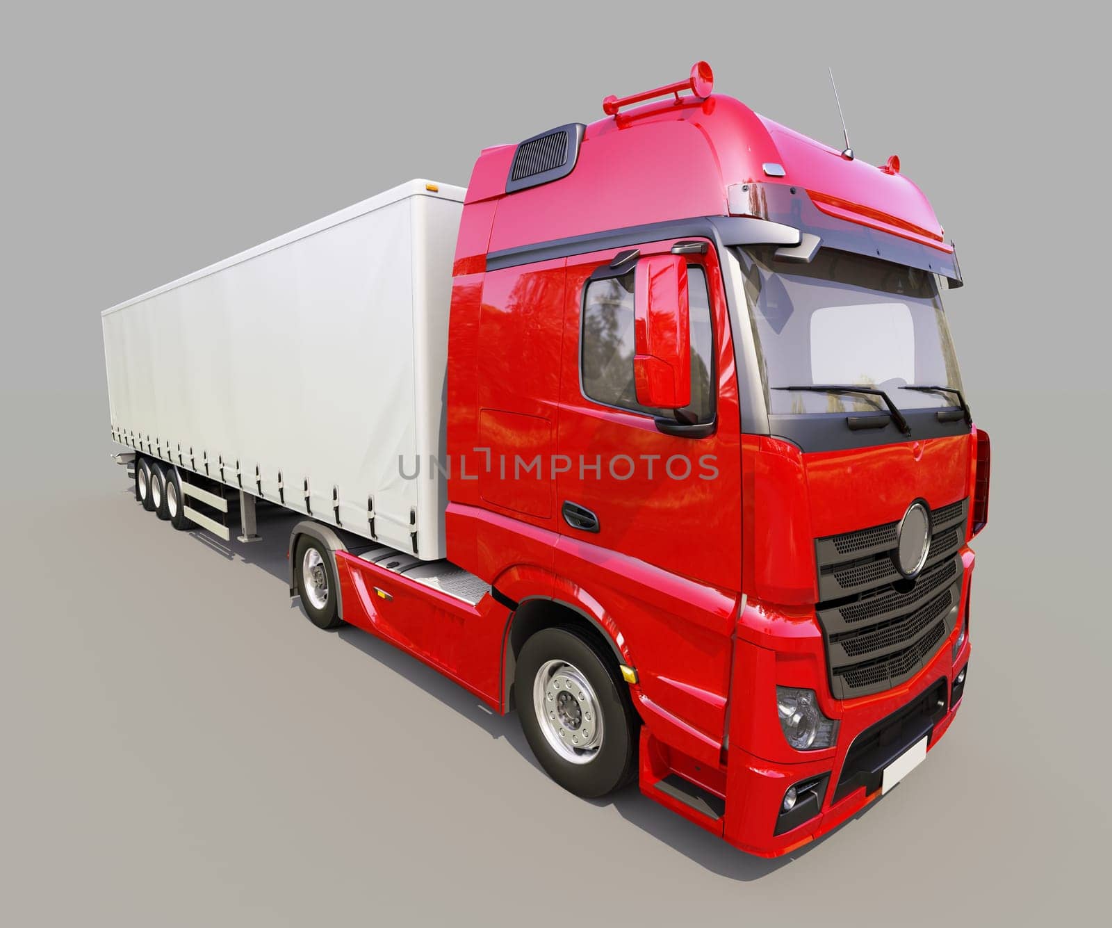 A modern semi-trailer truck on gray background