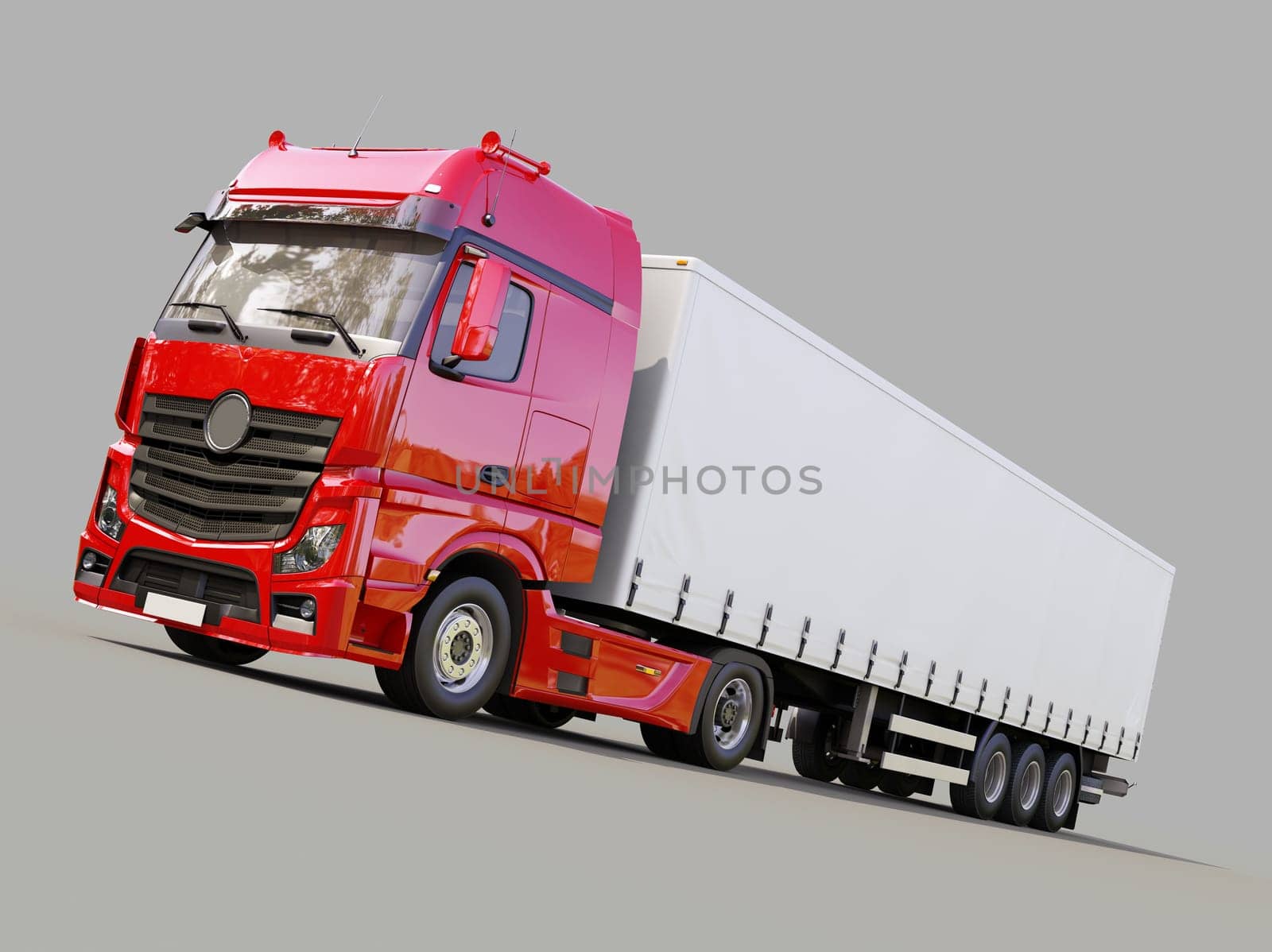 A modern semi-trailer truck on gray background