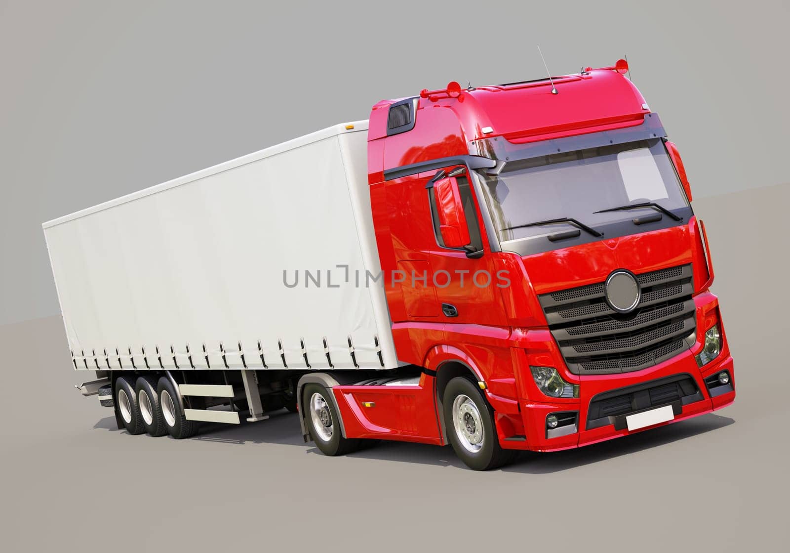 A modern semi-trailer truck on gray background
