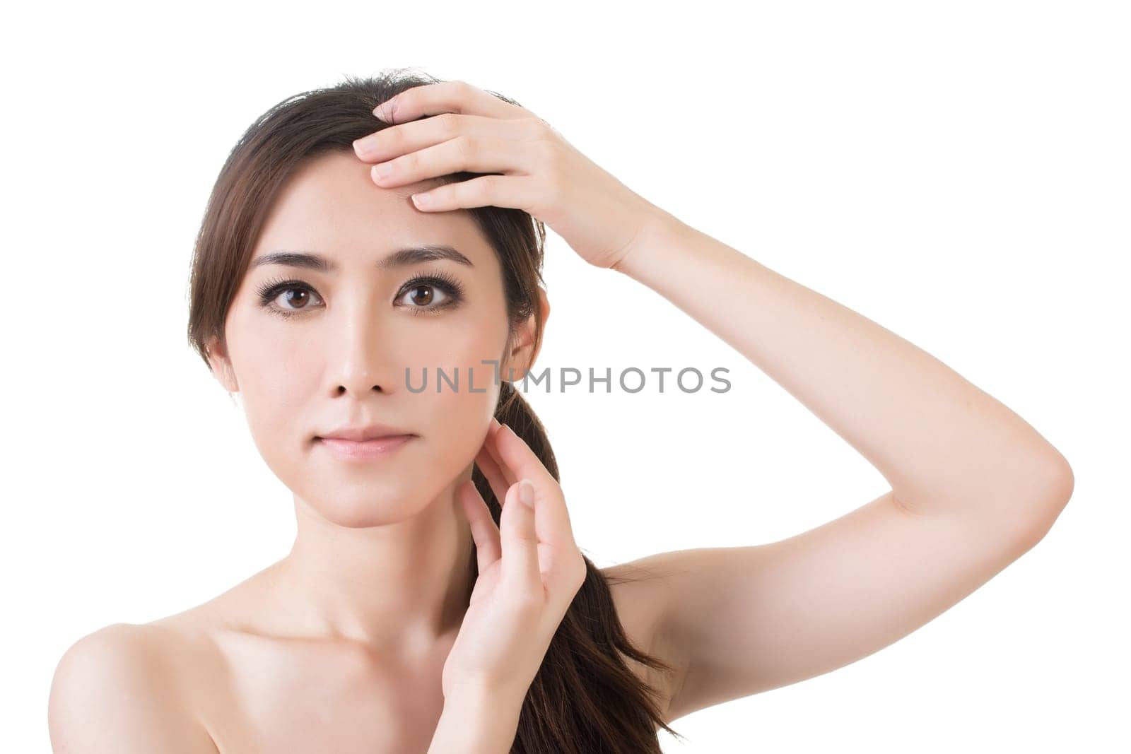 Asian female beauty face. Close-up portrait with clean and fresh elegant lady. Isolated on the white background.