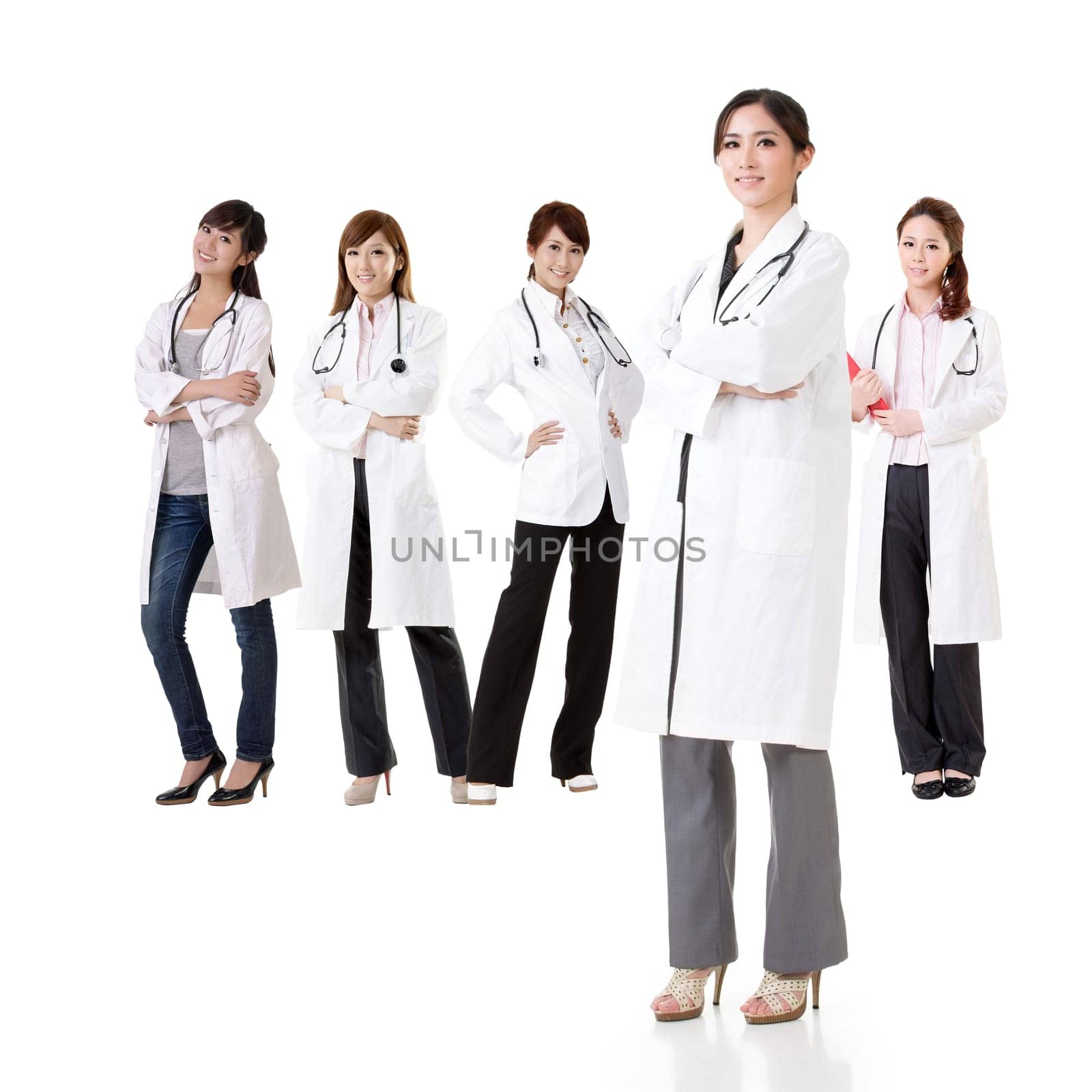 Asian doctor team, group of people about healthy and medical concepts isolated on white background.