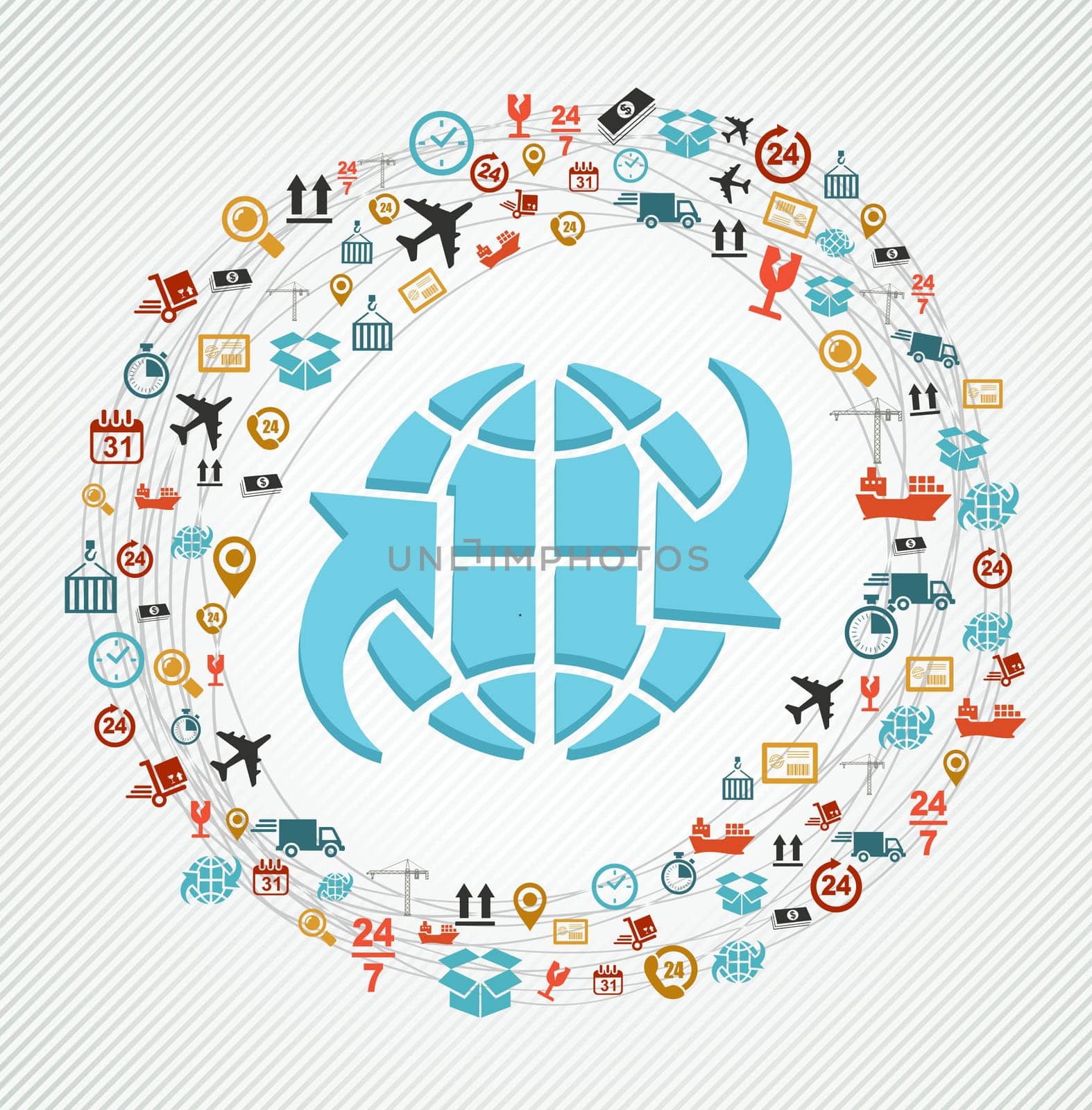 Shipping icons network around world symbol composition. Vector file in layers for easy editing.