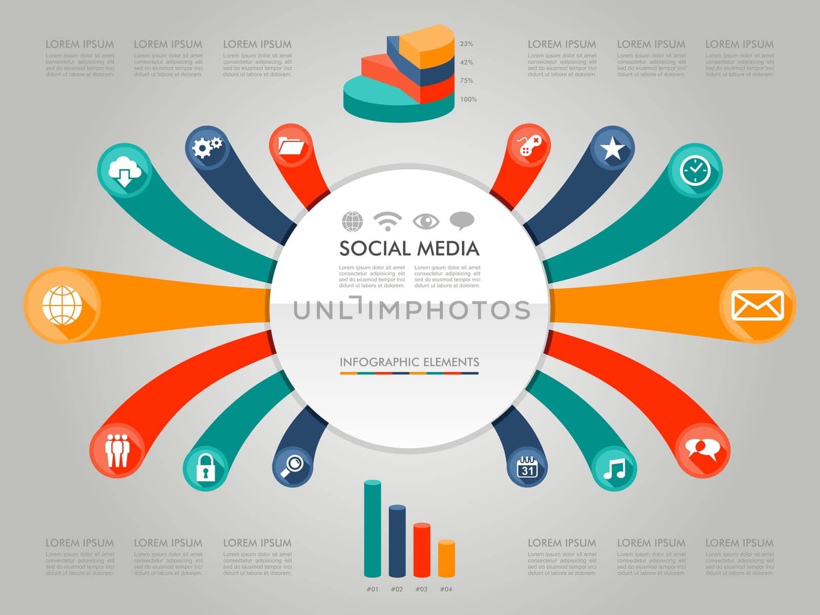 Infographic social media icons info text and values concept illustration background. Vector file layered for easy editing.