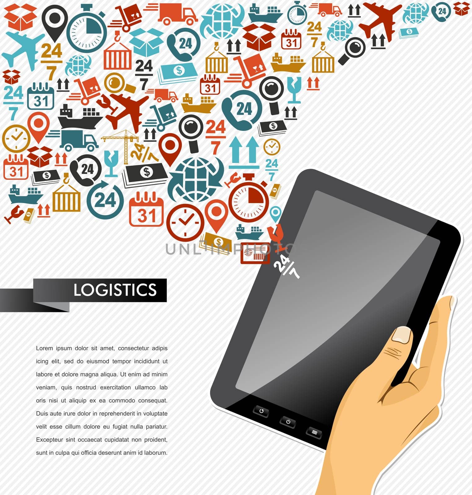 Shipping logistics application concept icons splash composition. Human hand tablet pc illustration. Vector file in layers for easy personalization.