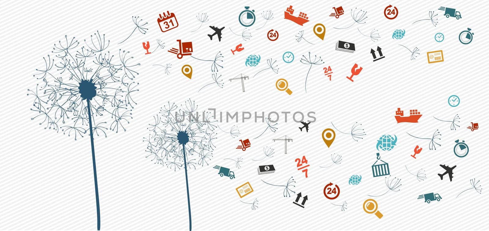 Shipping logistics flying icons dandelion concept illustration. Vector file in layers for easy editing.