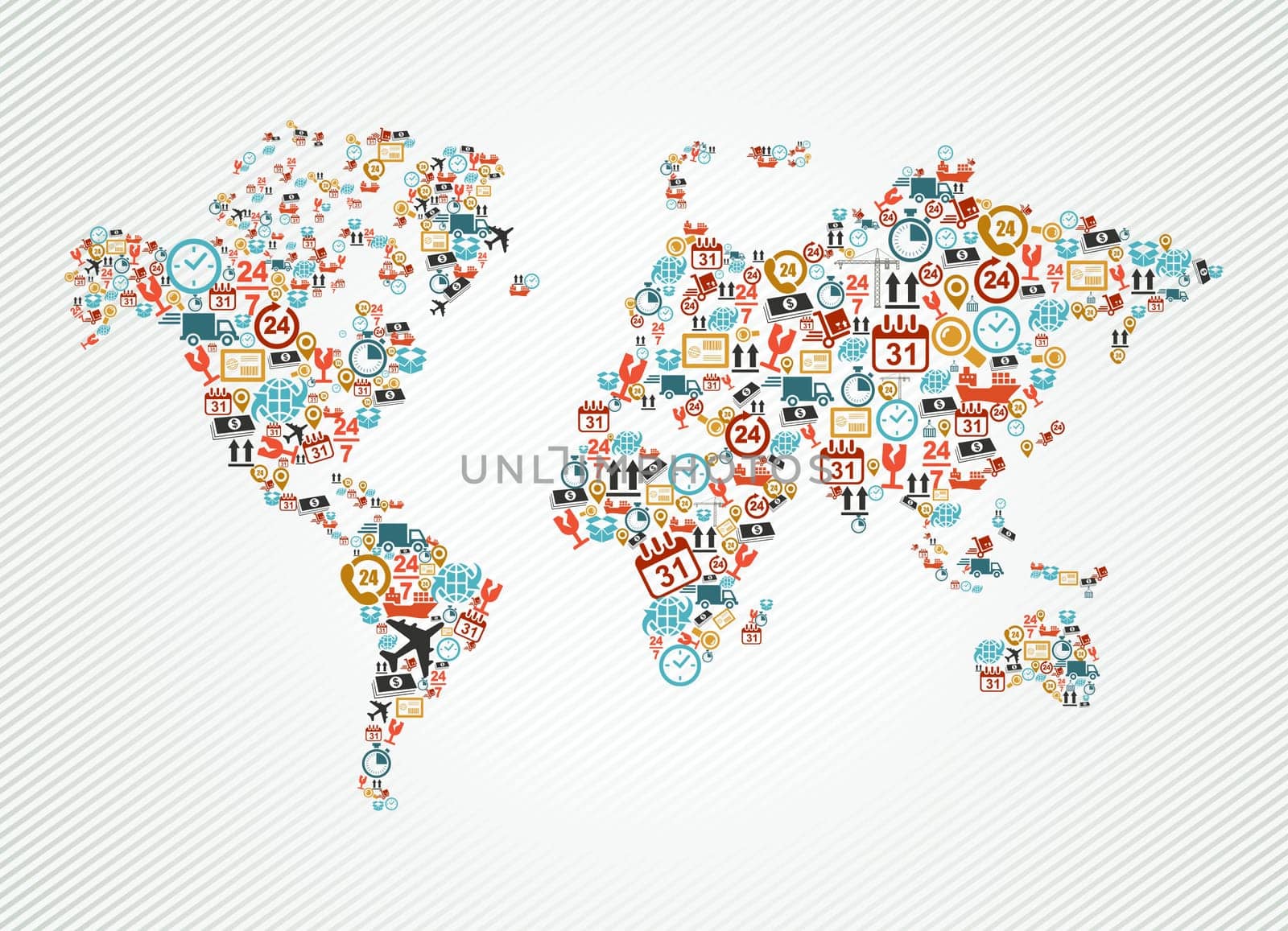 Shipping and delivery icons in world map shape illustration. Vector file in layers for easy editing.
