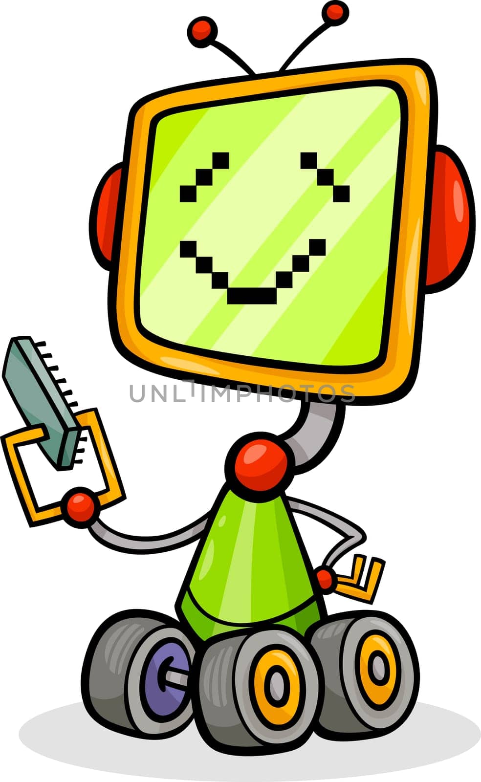 Cartoon Illustration of Happy Robot or Droid with Micro Chip or Microprocessor