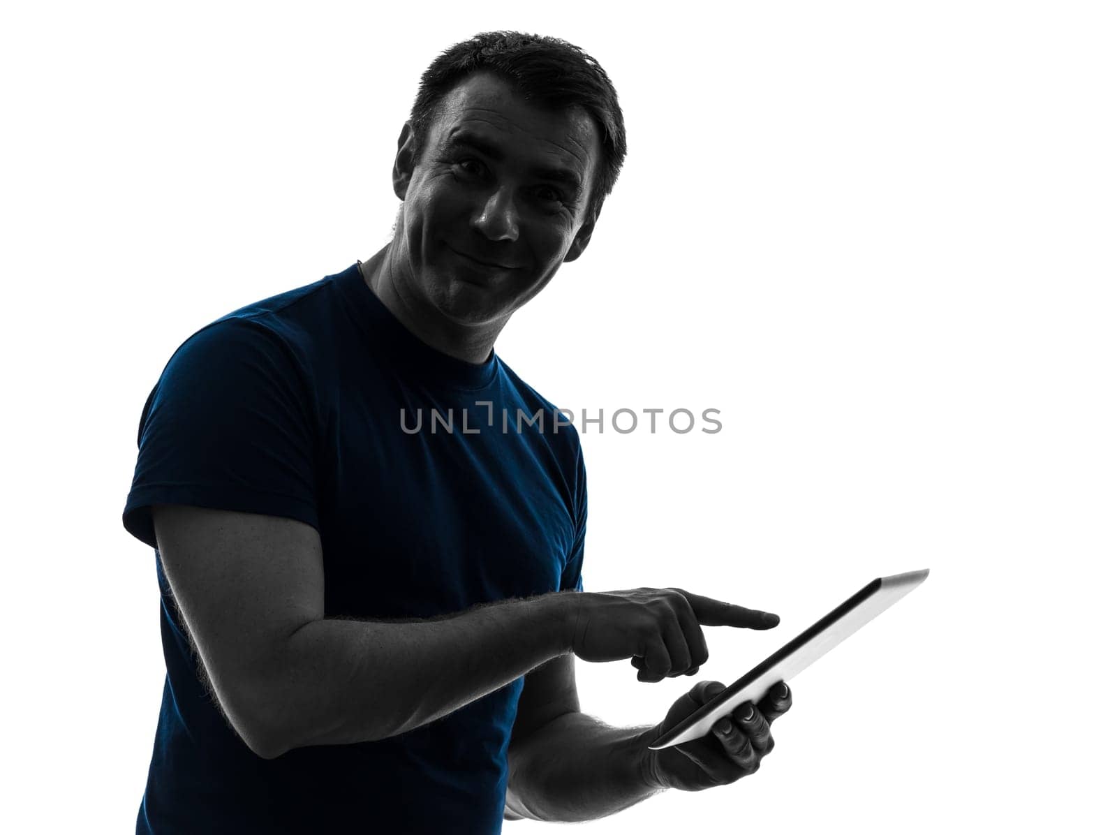 one caucasian man touchscreen digital tablet posing  portrait on white background