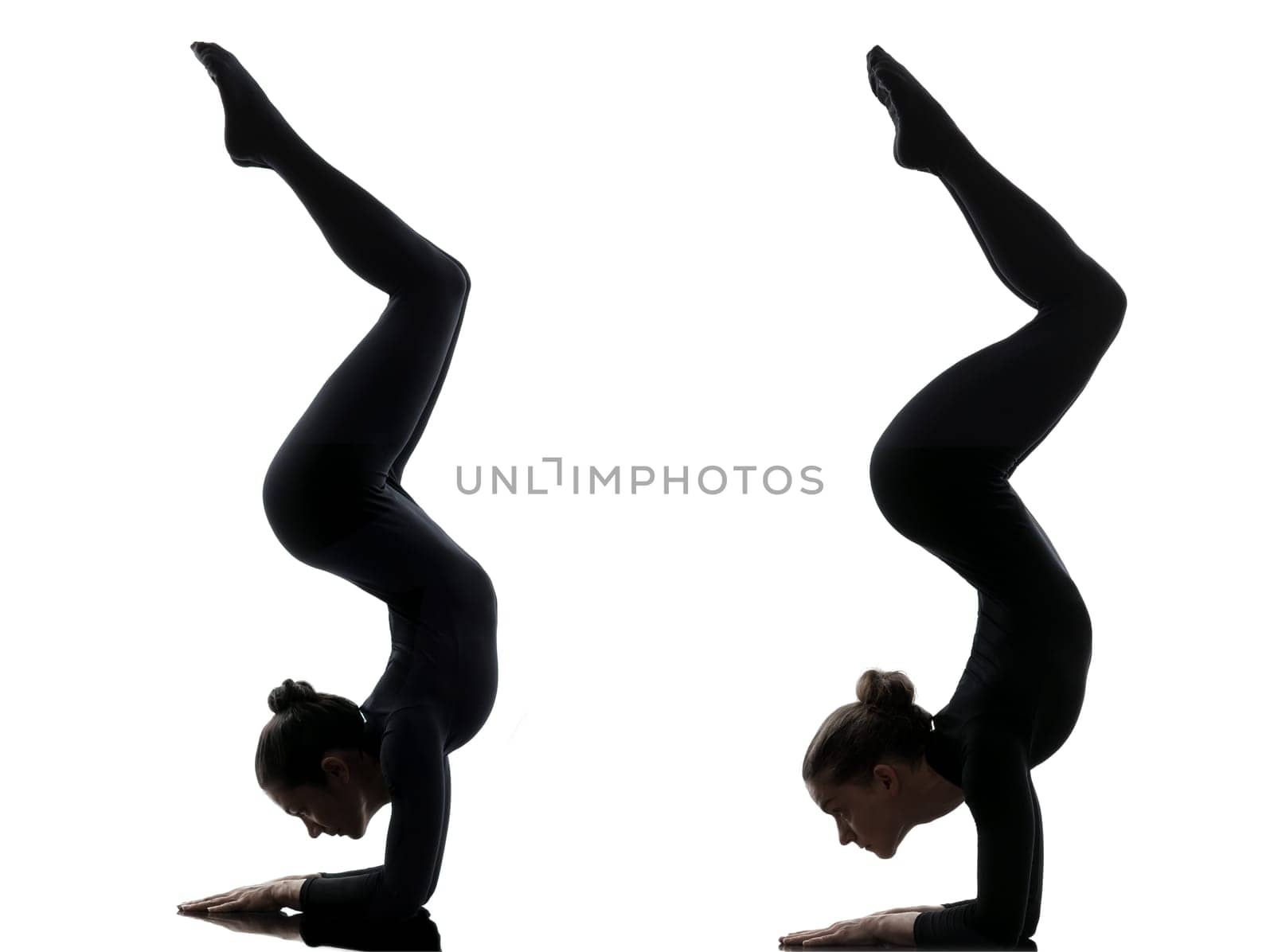 two women contortionist practicing gymnastic yoga in silhouette   on white background