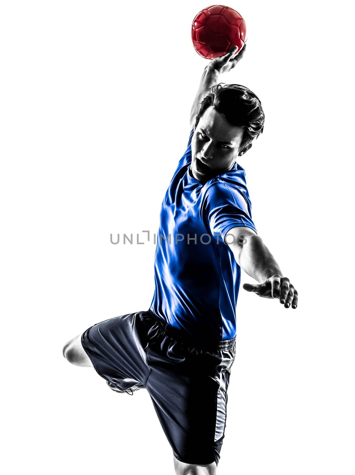 one caucasian young man exercising handball player in silhouette studio  on white background