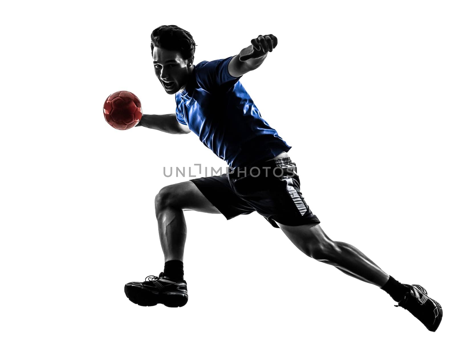 one caucasian young man exercising handball player in silhouette studio  on white background
