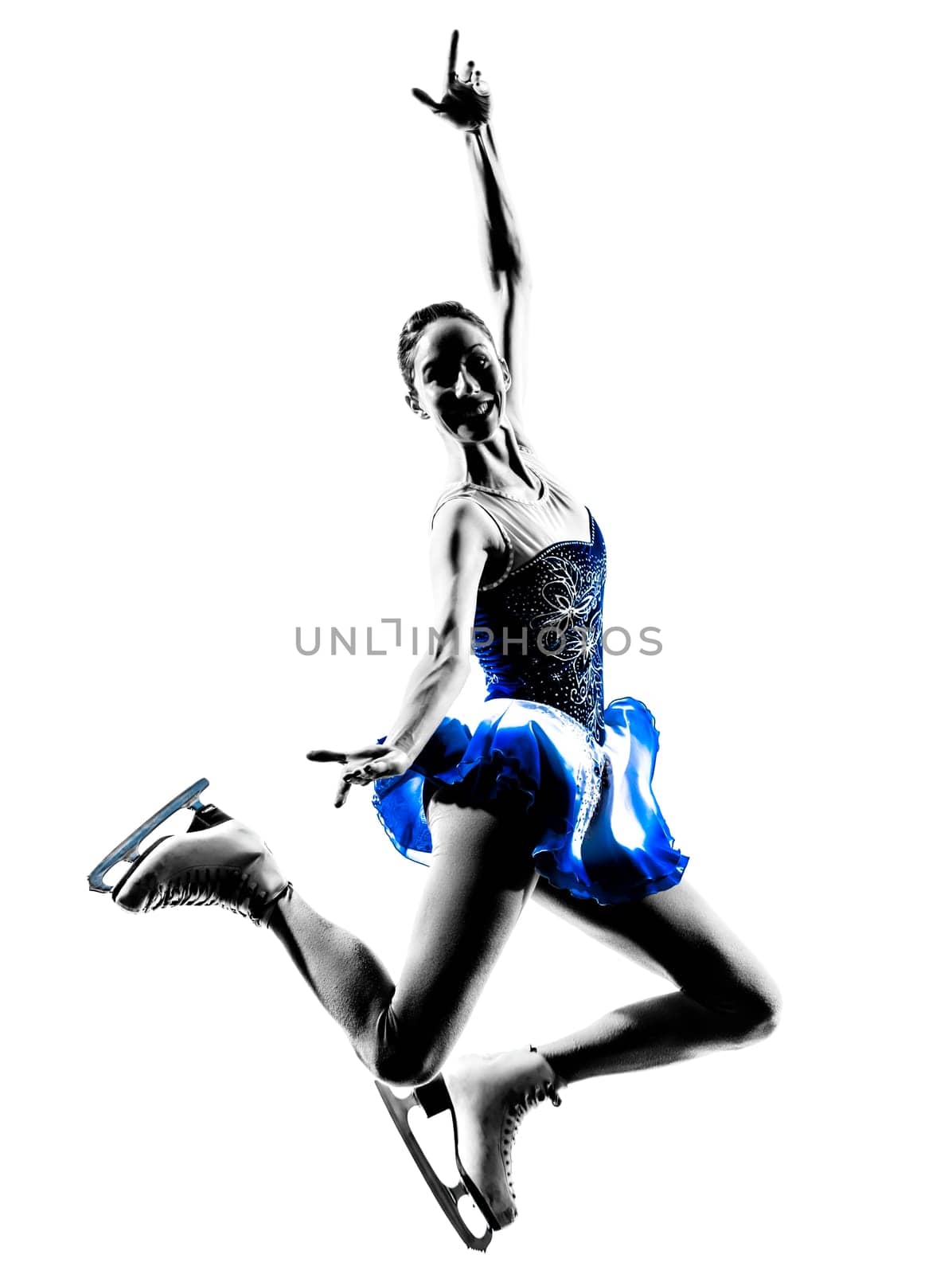 one caucasian woman  ice skater skating  in silhouette  on white background