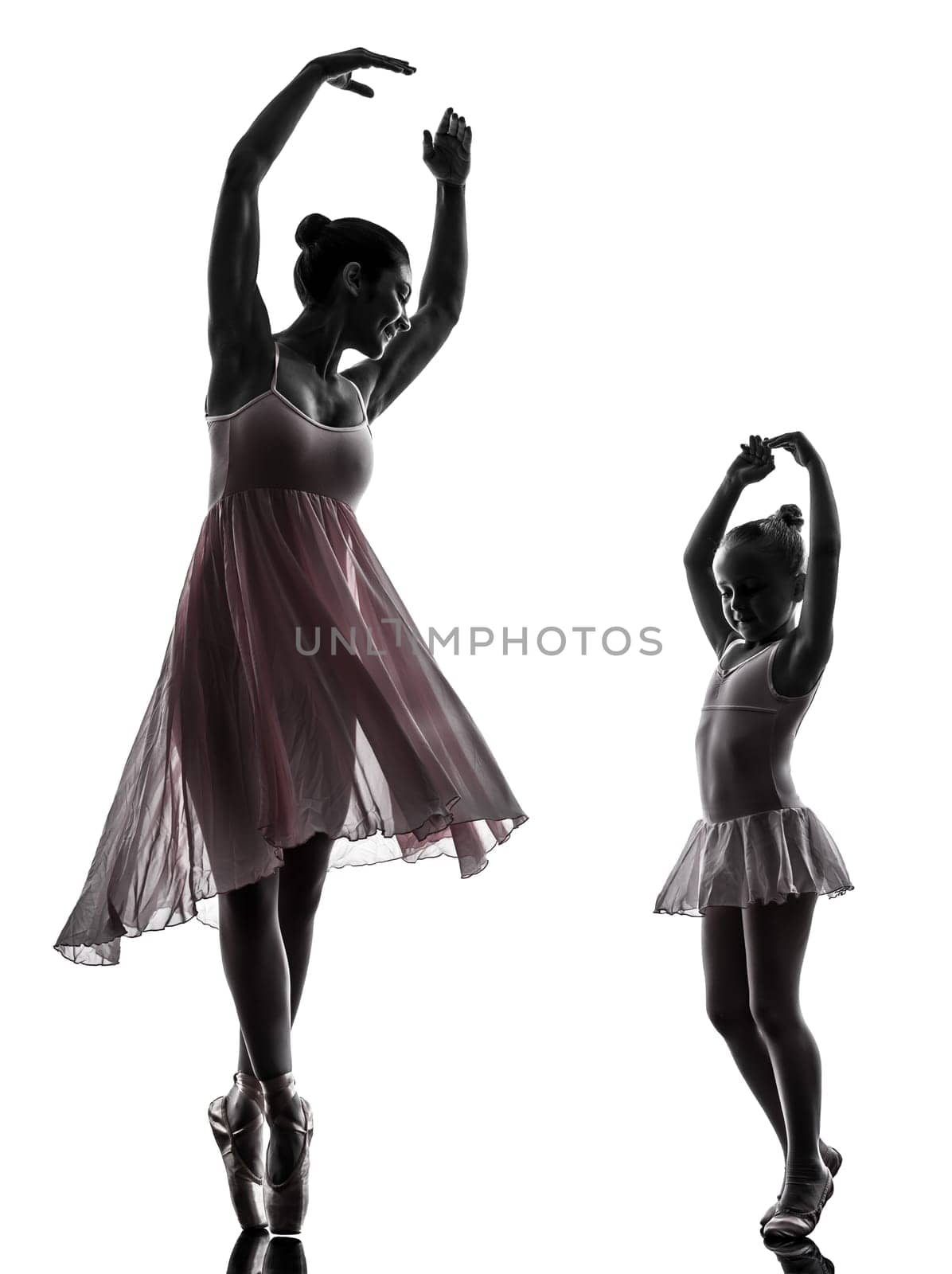 woman and  little girl   ballerina ballet dancer dancing in silhouette on white background