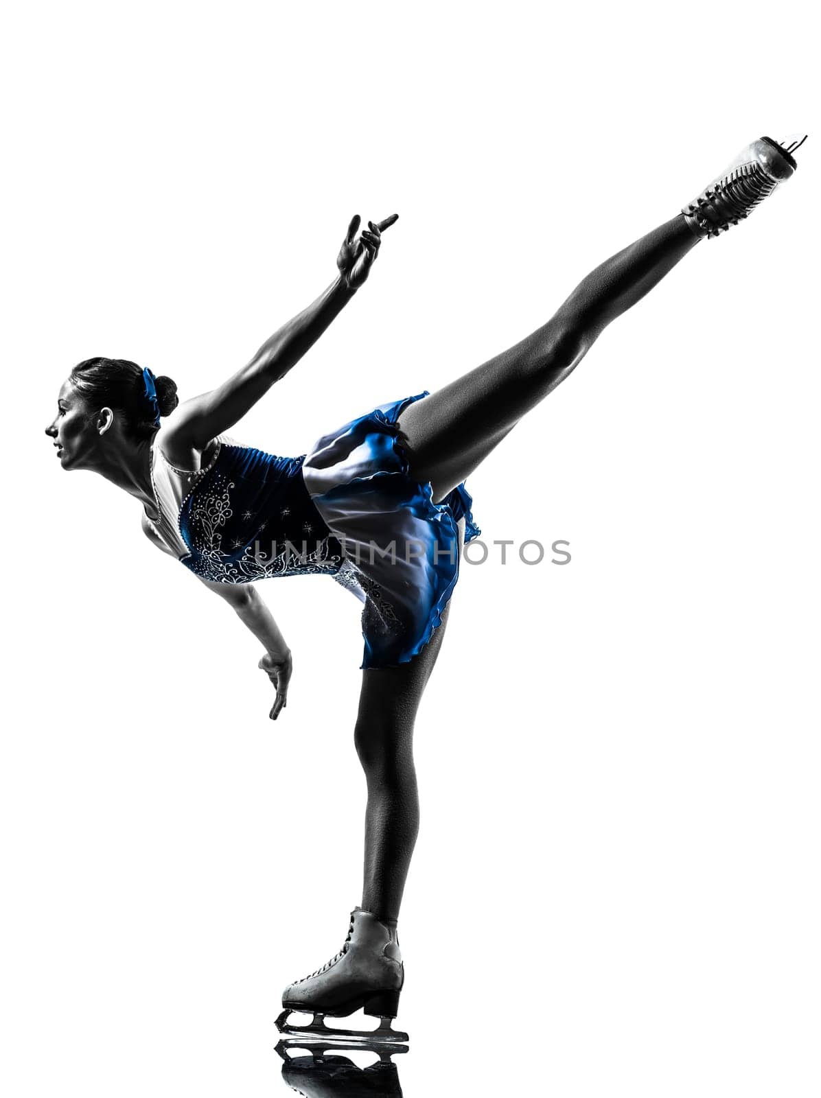 one caucasian woman  ice skater skating  in silhouette  on white background