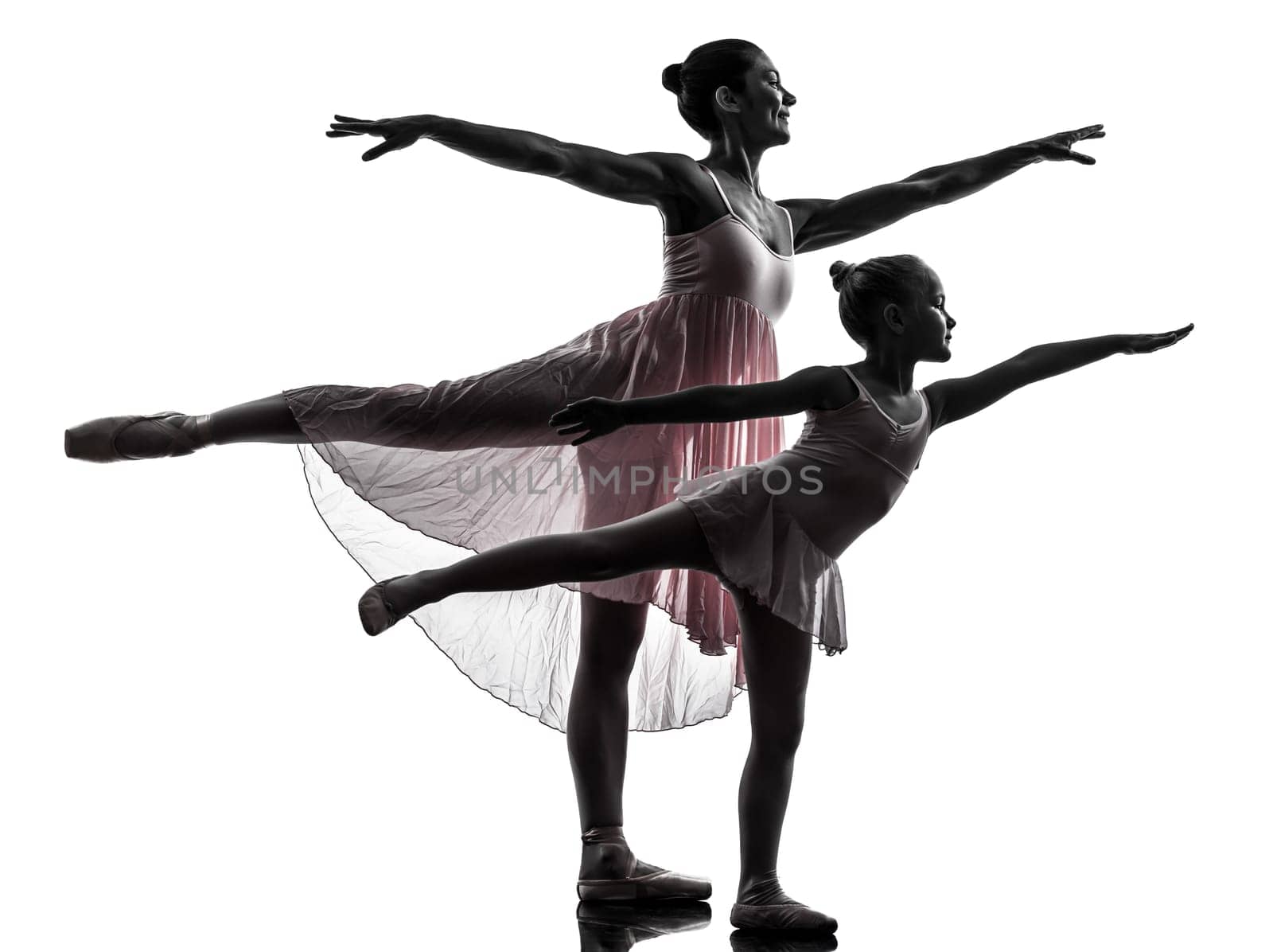 woman and  little girl   ballerina ballet dancer dancing in silhouette on white background