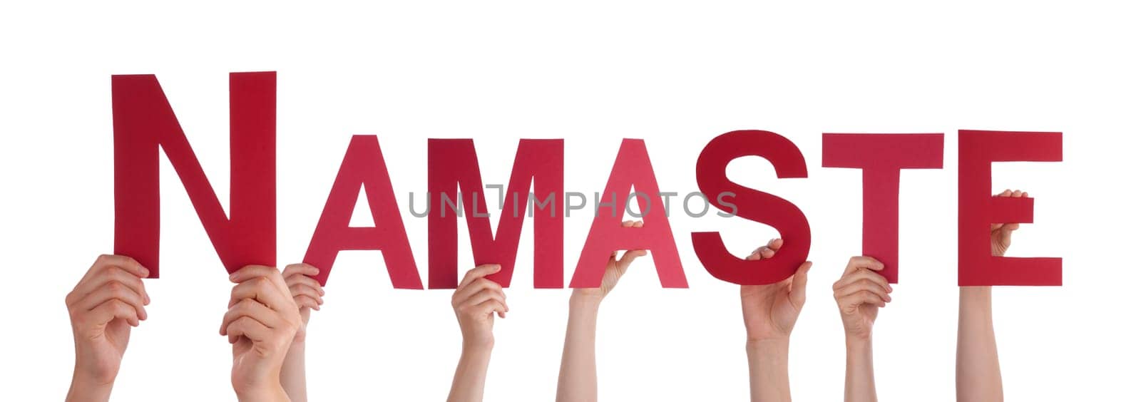Many Hands Holding a Red Namaste, Isolated