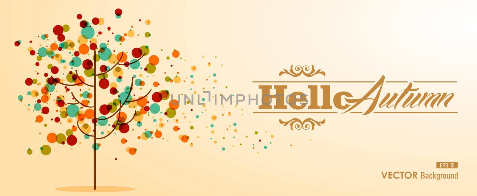 Hello autumn label text with transparent colorful bubbles tree. Useful as invitation or postcard background. EPS10 vector file with transparency for easy editing