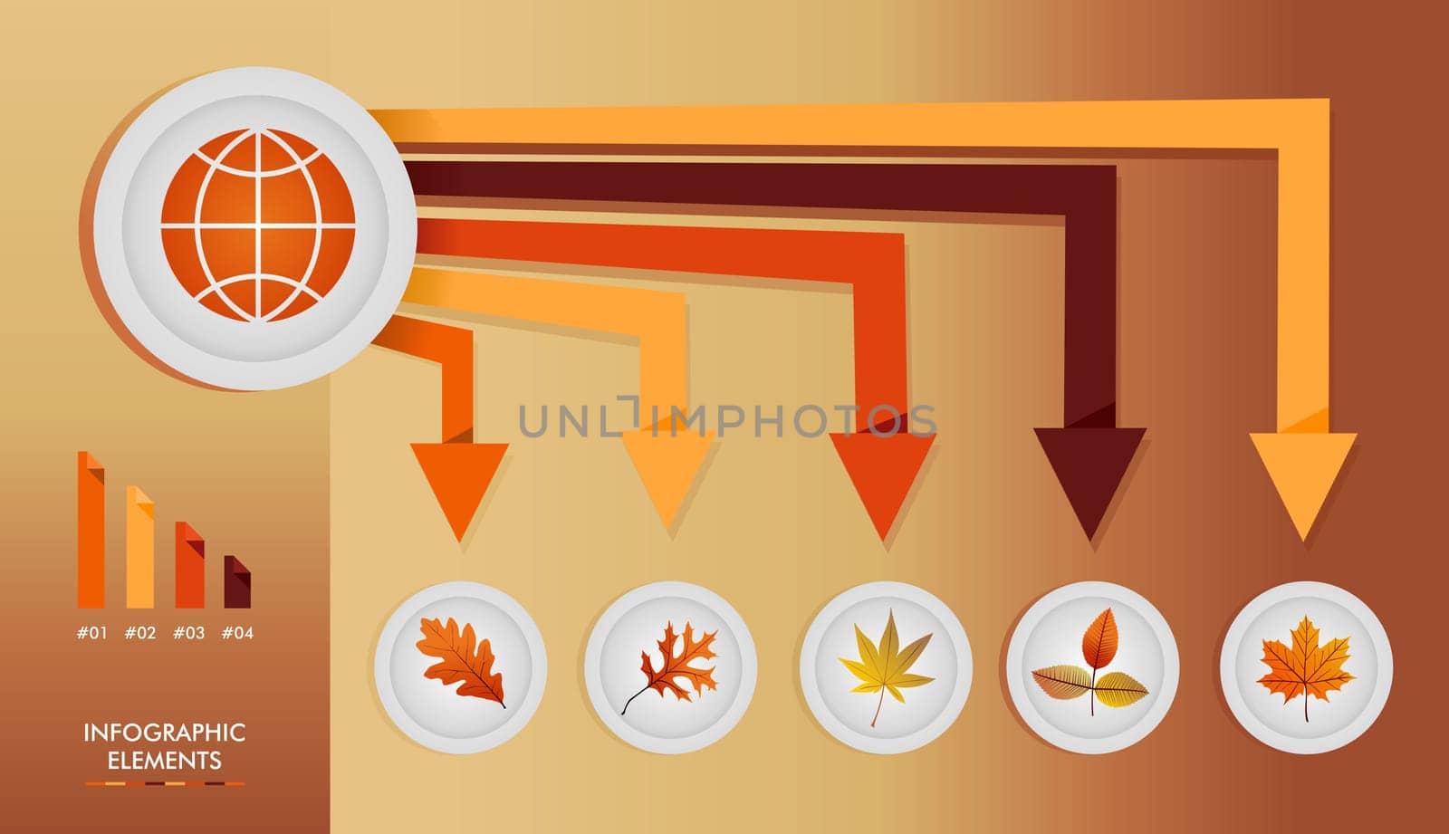 Autumn season infographic illustration template. Global concept arrows with information graphics elements about weather and seasons related issues. EPS10 Vector file in layers for easy editing.