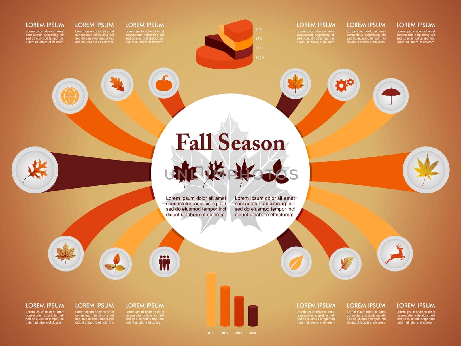 Fall season infographic illustration template. Autumn concept with information graphics elements about weather and seasons related issues. EPS10 Vector file in layers for easy editing.