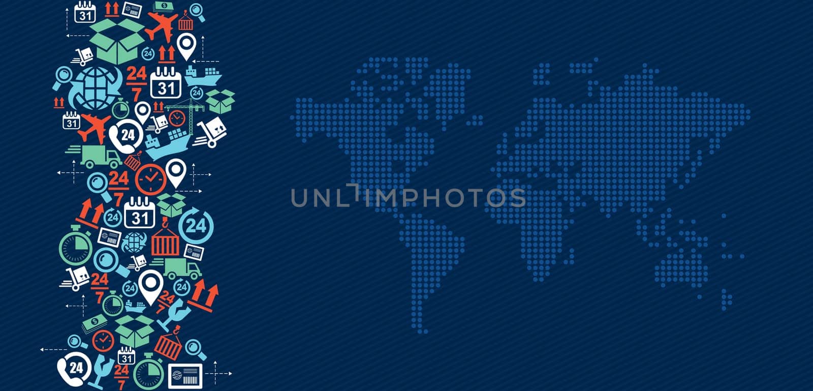 Shipping logistics concept icons splash with world map illustration. Vector file in layers for easy editing.