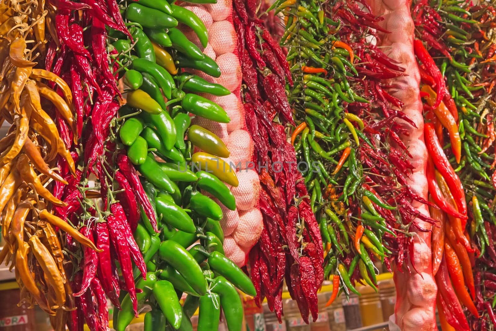 Sharp peppers ready to be sold on the market. Horizontally.