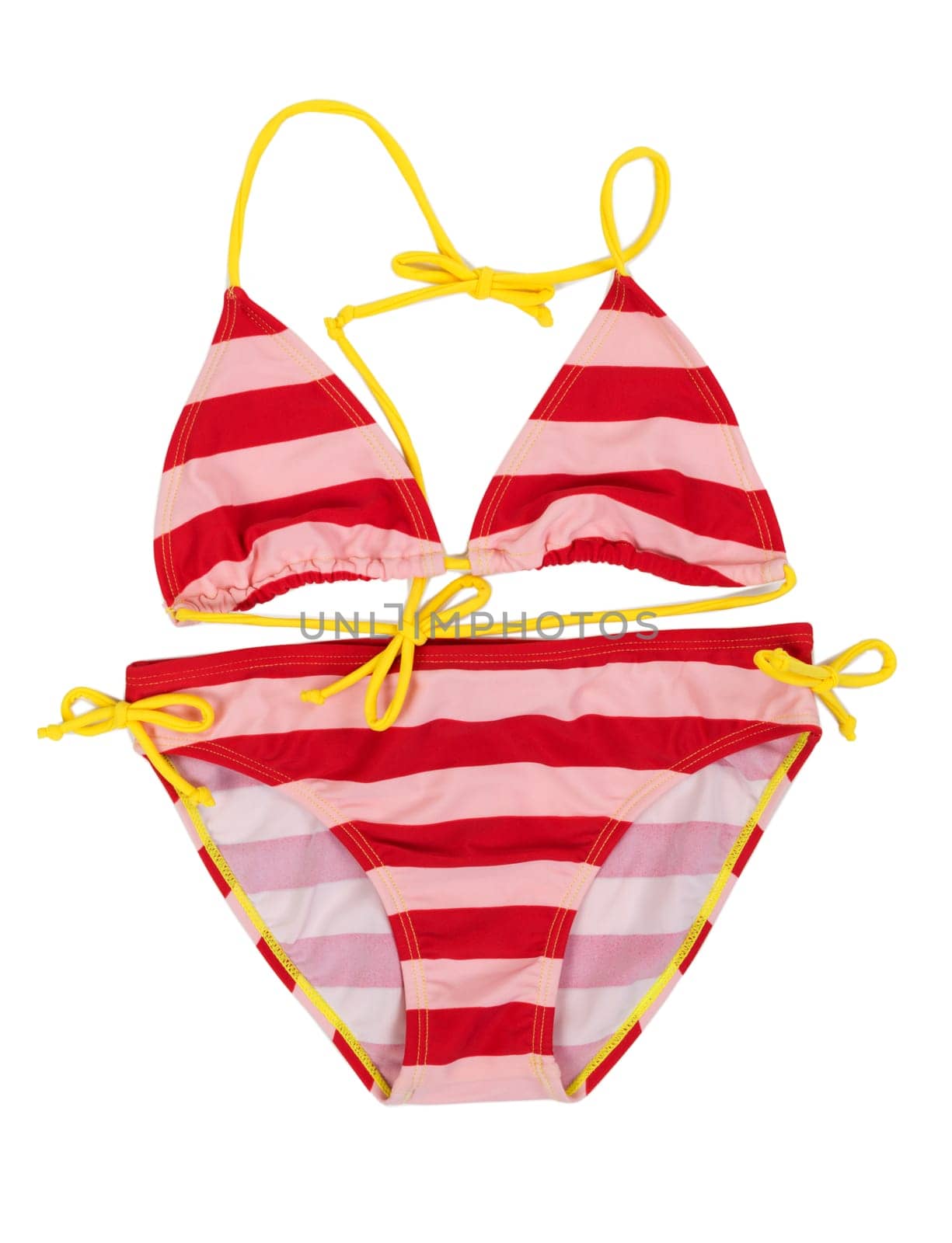 Red striped swimsuit with yellow straps on a white background