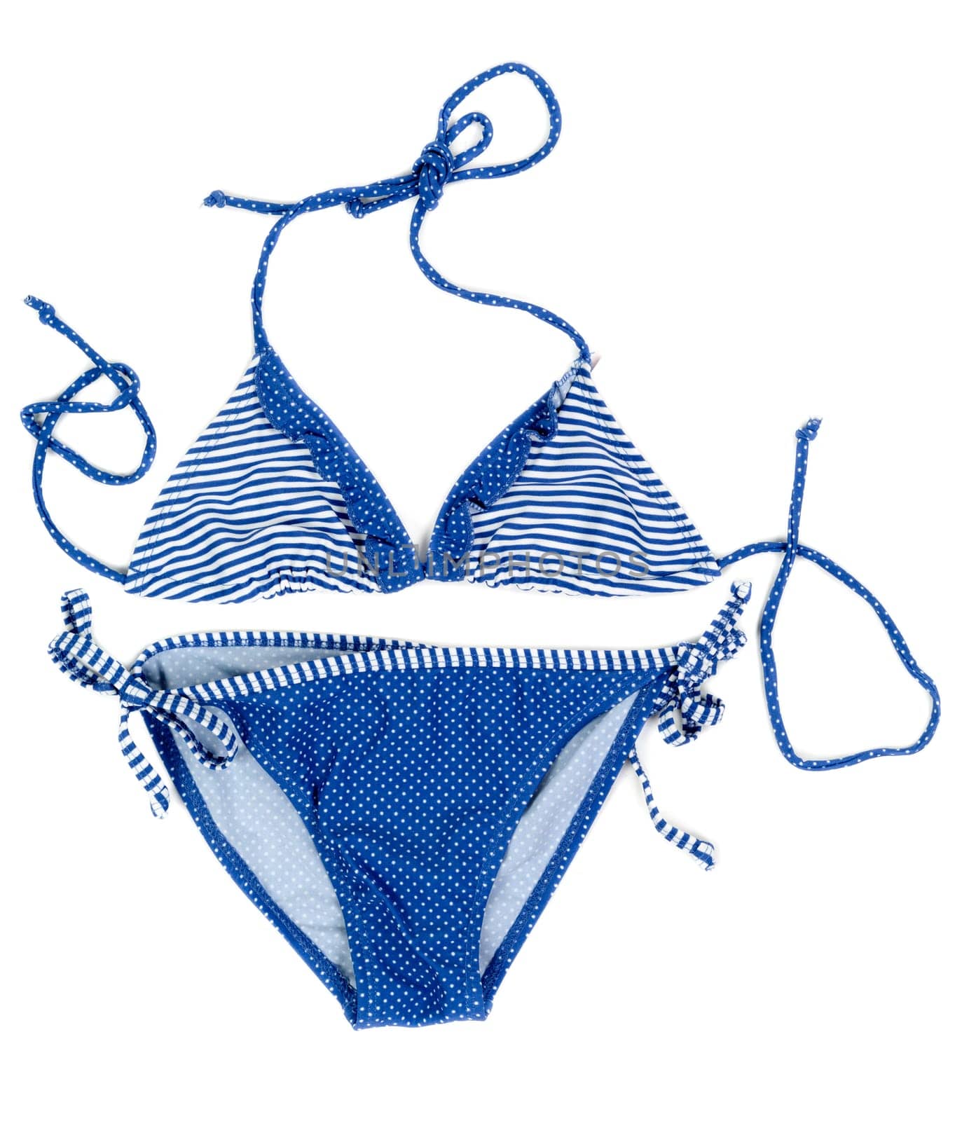 blue stripes and polka dot swimsuit on a white background