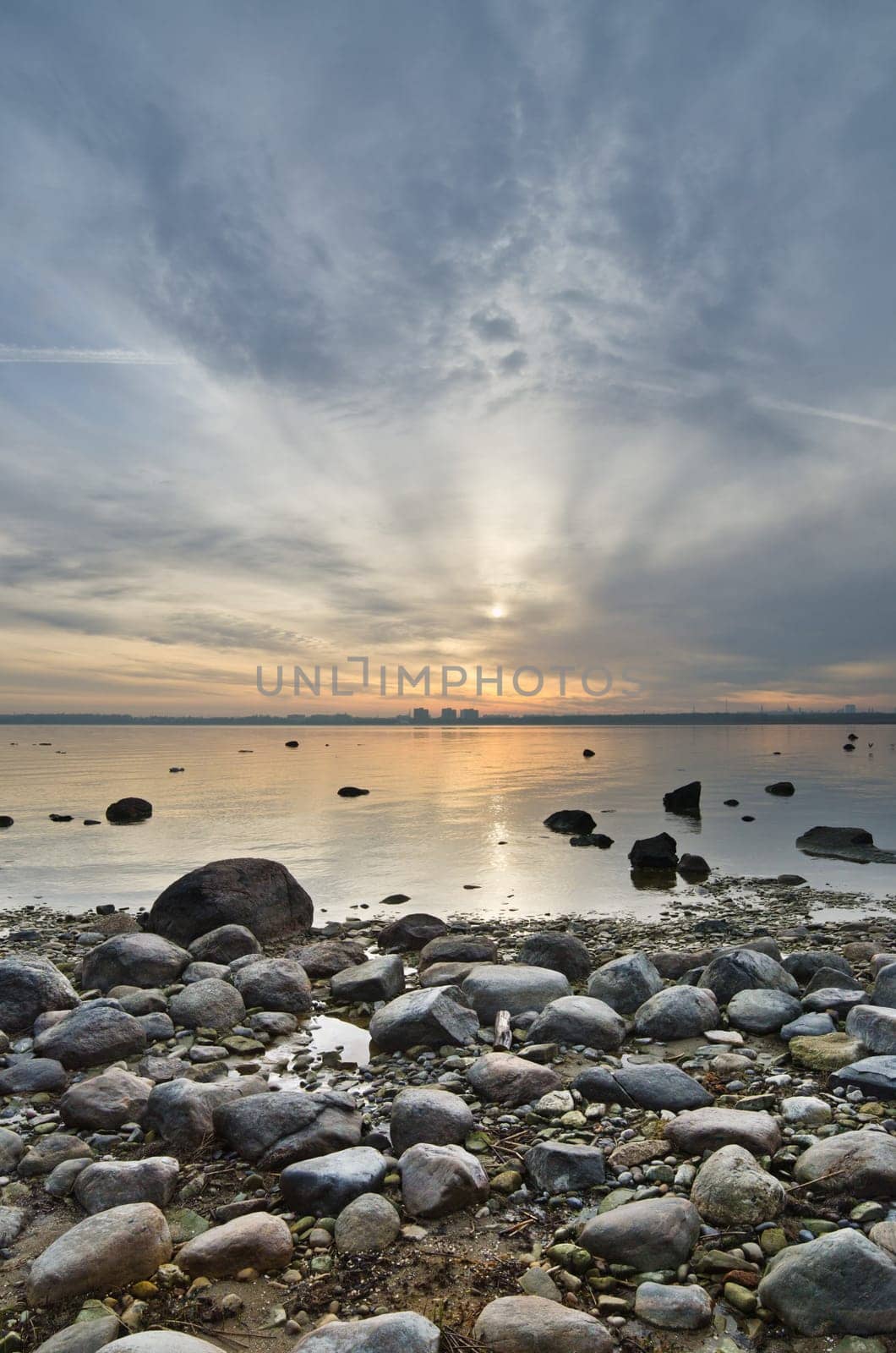 Stony coast of Baltic sea early in the morning