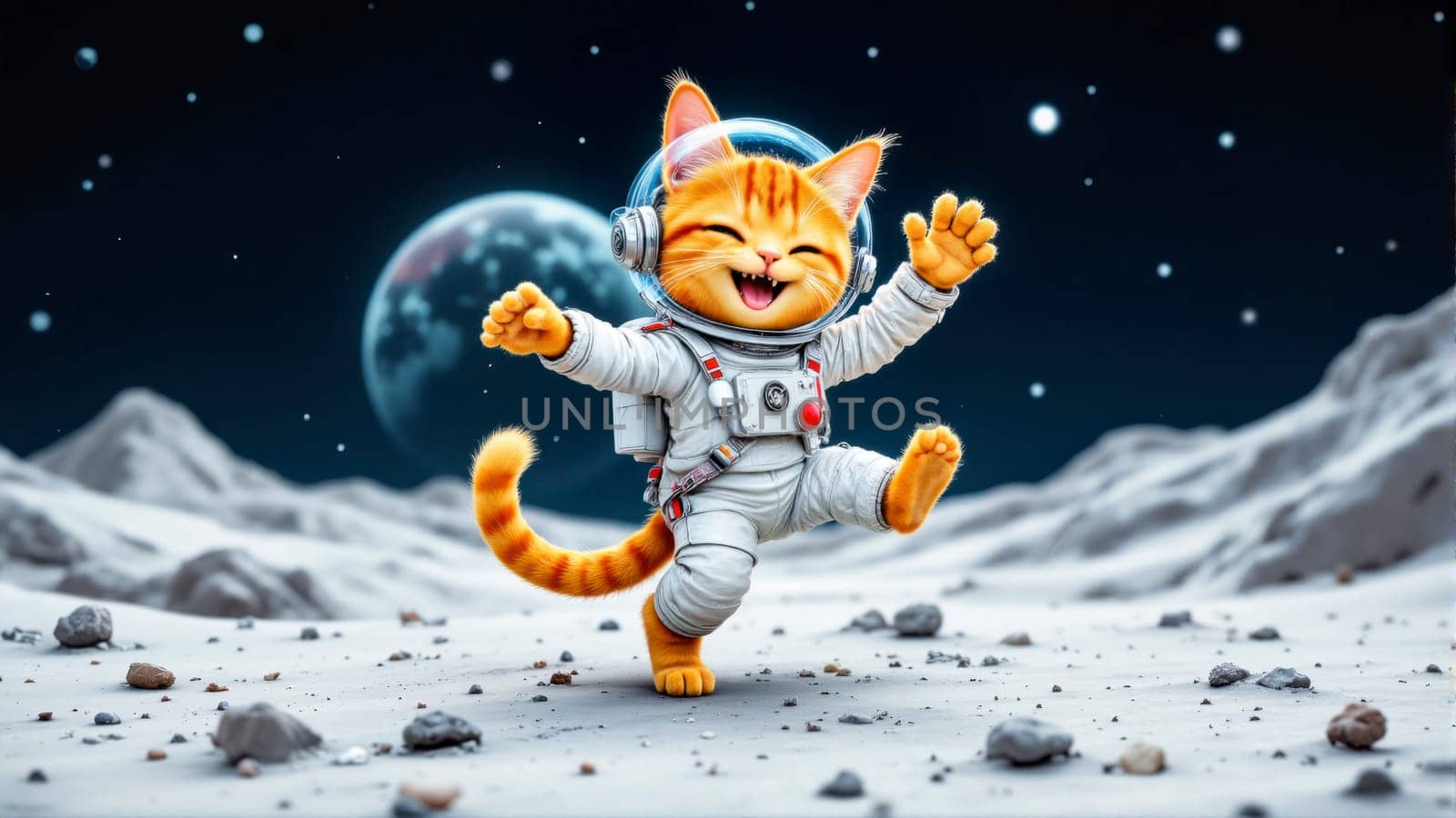 A cat in a space suit is dancing on a rocky surface. The cat is wearing a helmet and he is happy