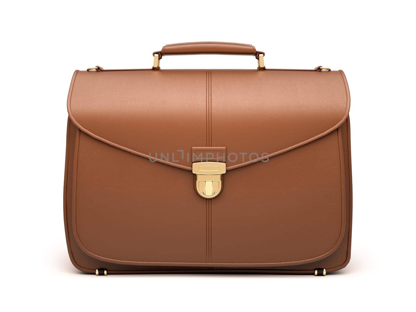 Brown business briefcase isolated on white background. Material - skin. Front view