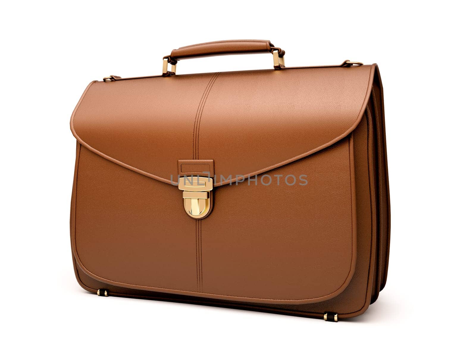 Brown business briefcase isolated on white background. Material - skin