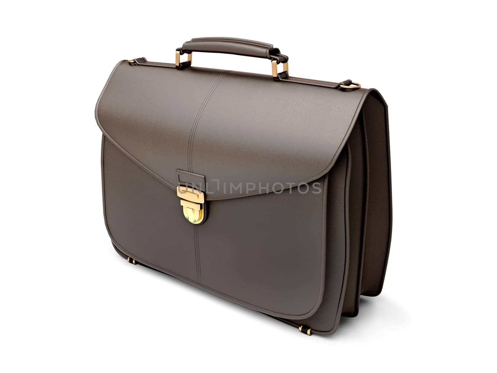Black business briefcase isolated on white background. Material - skin