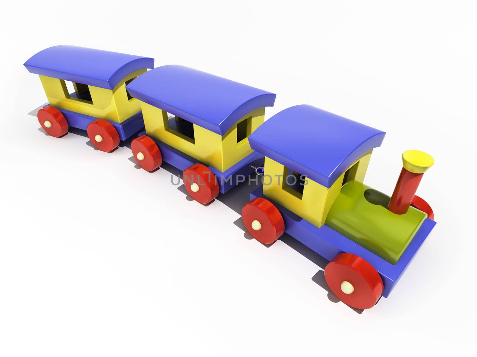 Toy train on a white background, light shadow