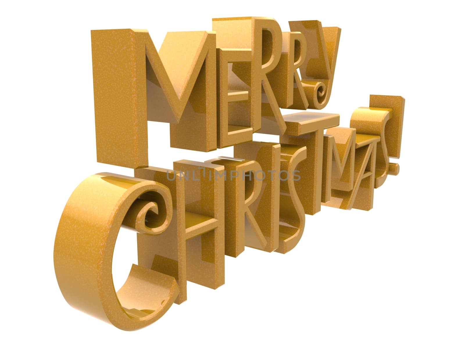 Merry Christmas in  yellow sparkling rendered letters isolated on a white background