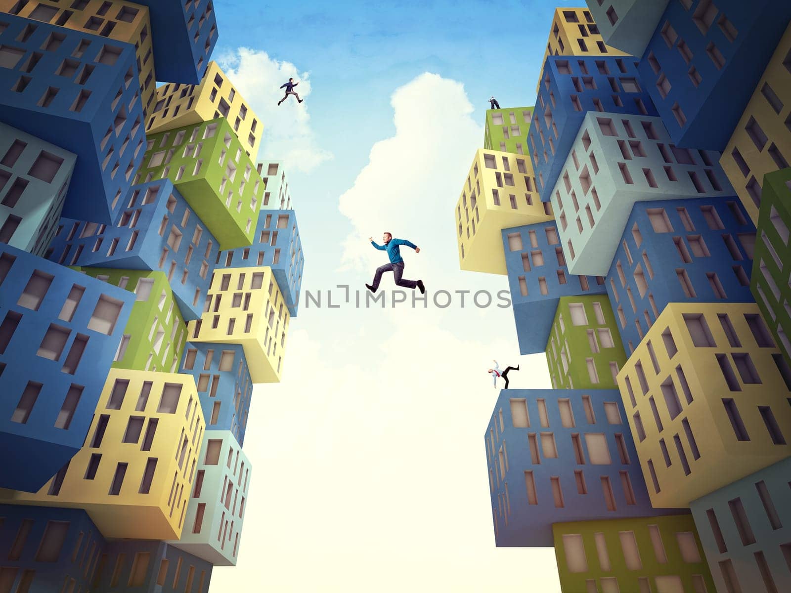 business people jump over abstract building