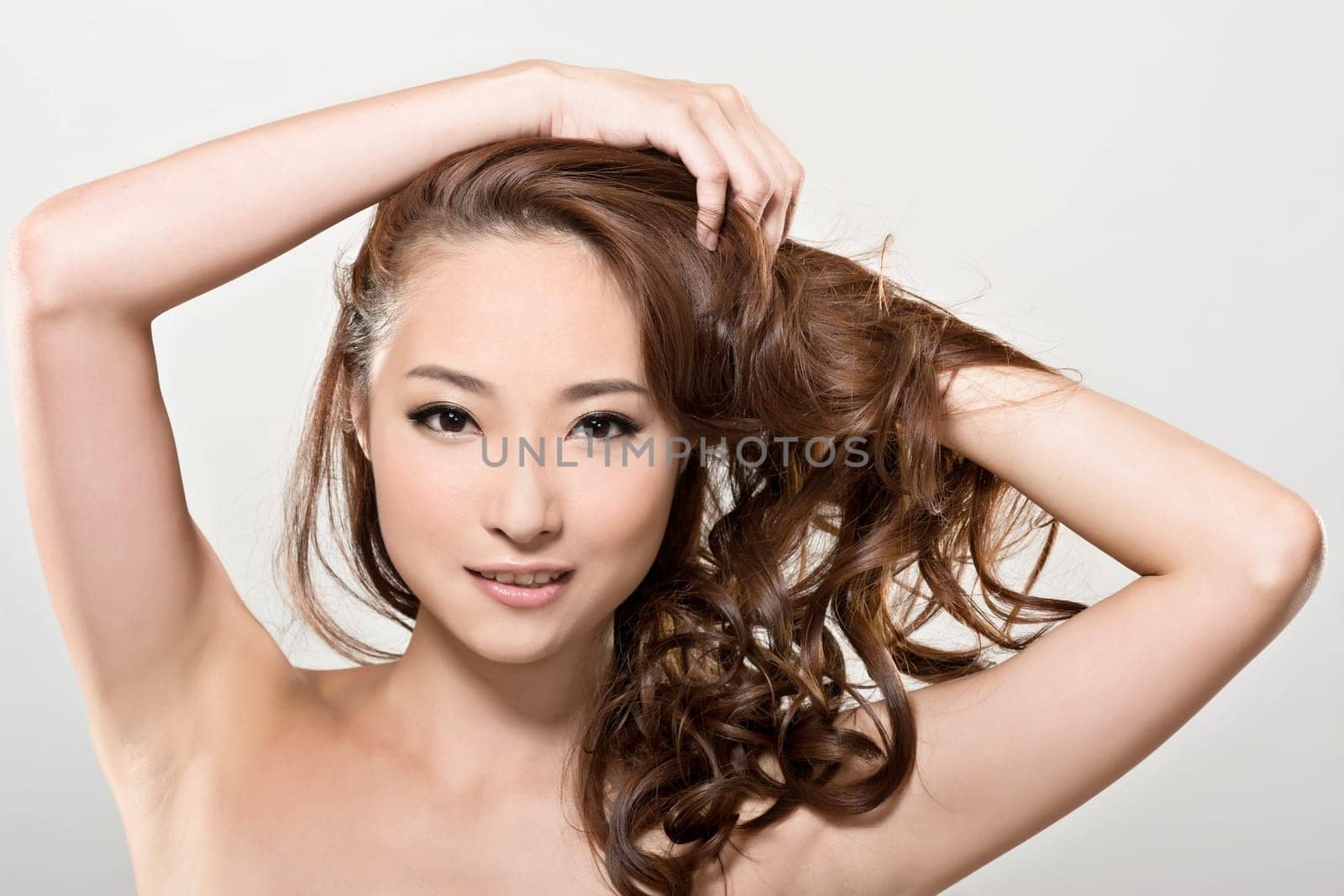 Asian beauty face closeup portrait with clean and fresh elegant lady. Studio shot.
