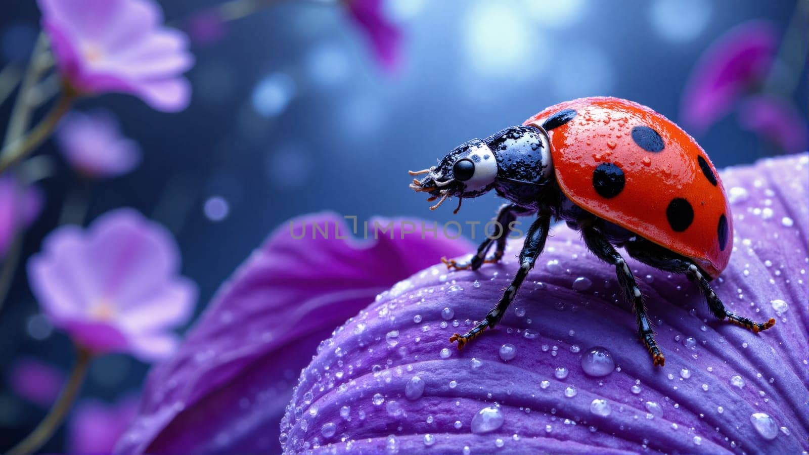 A ladybug is standing on a purple flower. The flower is surrounded by other purple flowers. The ladybug is wet and has black spots