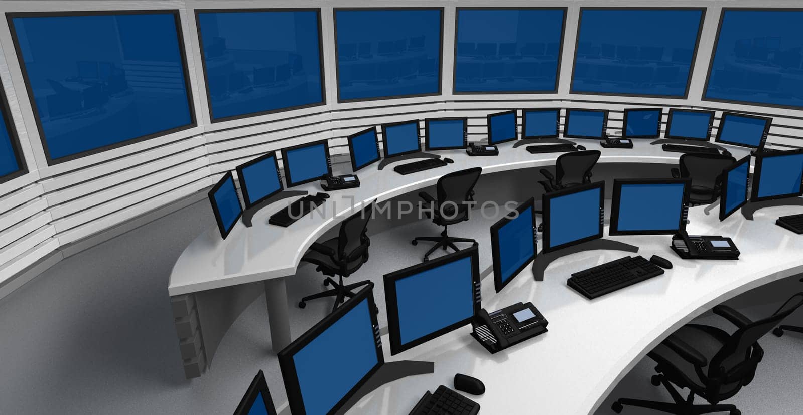 Surveillance control center with several monitors and screens