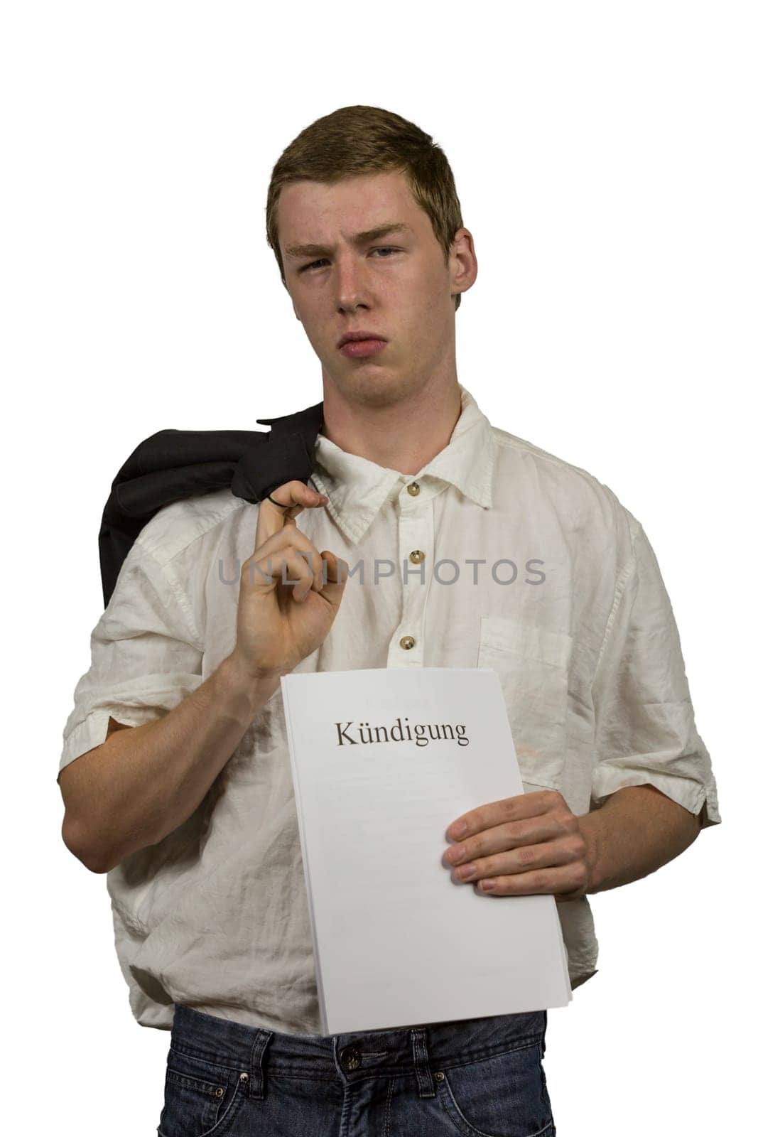 Young man holds the dismissal in his hands and is frustrated